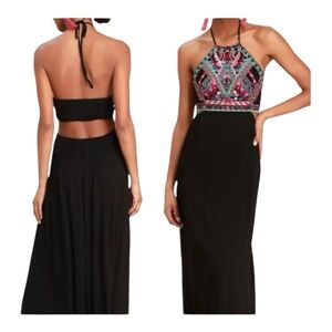 Lulus Little Beach Black Long Maxi‎ Halter Top Colorful Embroidered sz Large